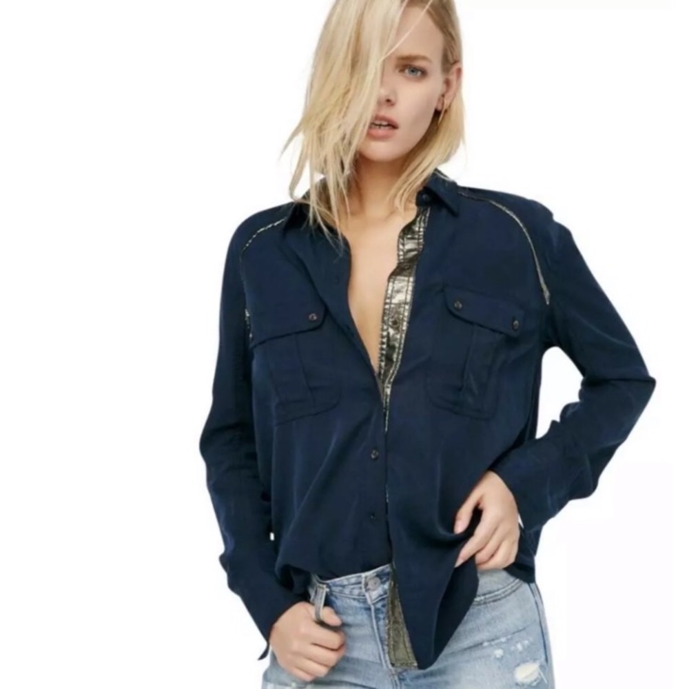 Free People Campus Button Down Navy Blue Top
